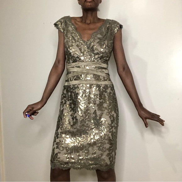 TADASHI SHOJI | Smoke Gold Illusion Lace Sequin Sheath Dress - Picture 1 of 7